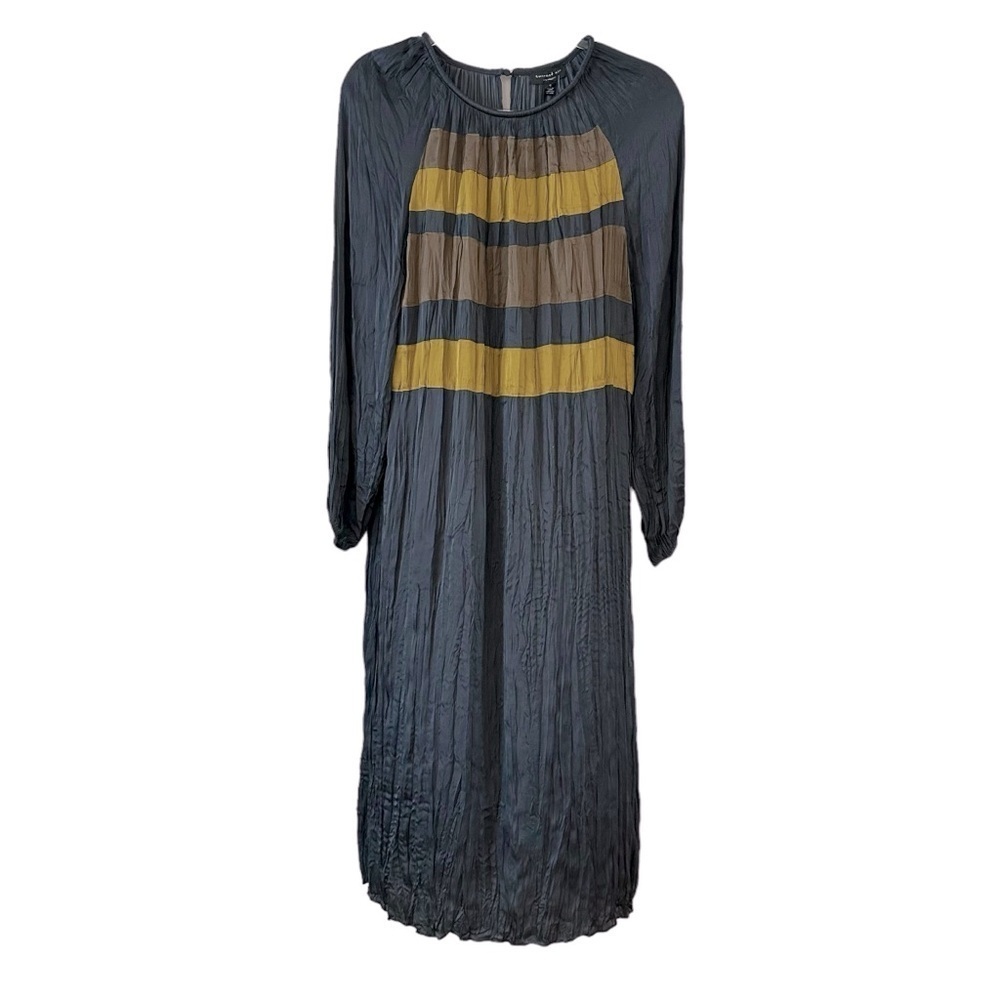 Current Air long sleeve crinkle midi dress blue grey with front stripes